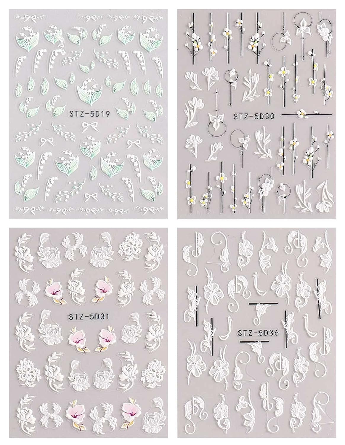 JMEOWIO 3D Nagelsticker Frühling Blume Nail Art Sticker Selbstklebend Nagelaufkleber 5D Stereoscopic Buntes Sommer Blumen Dekoration Nageldesign Zubehör 4 Blatt