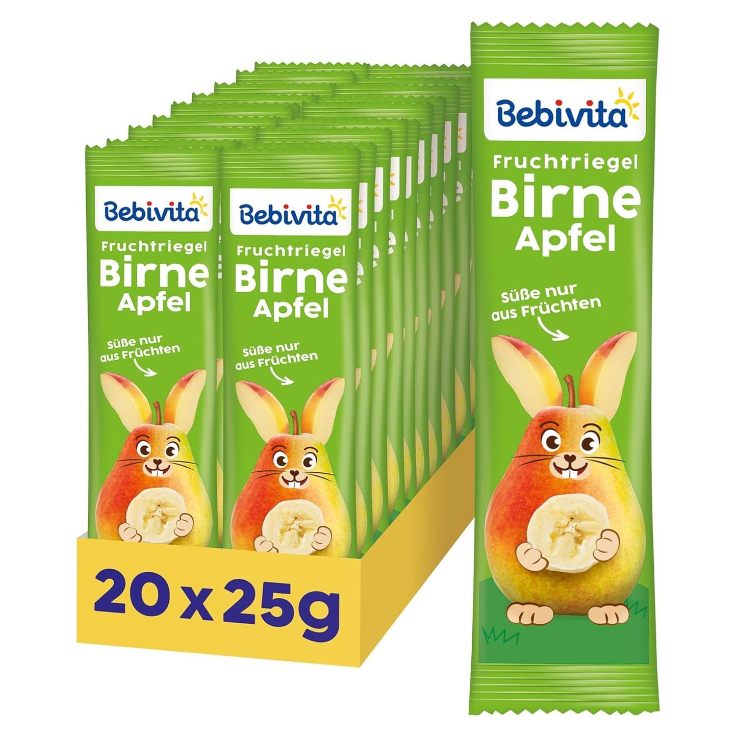 Barrette frutta pera-mela (20 x 25g), dolcificate solo con frutta, ideali come spuntino fuori pasto, preparate con ingredienti rigorosamente controllati e selezionati.