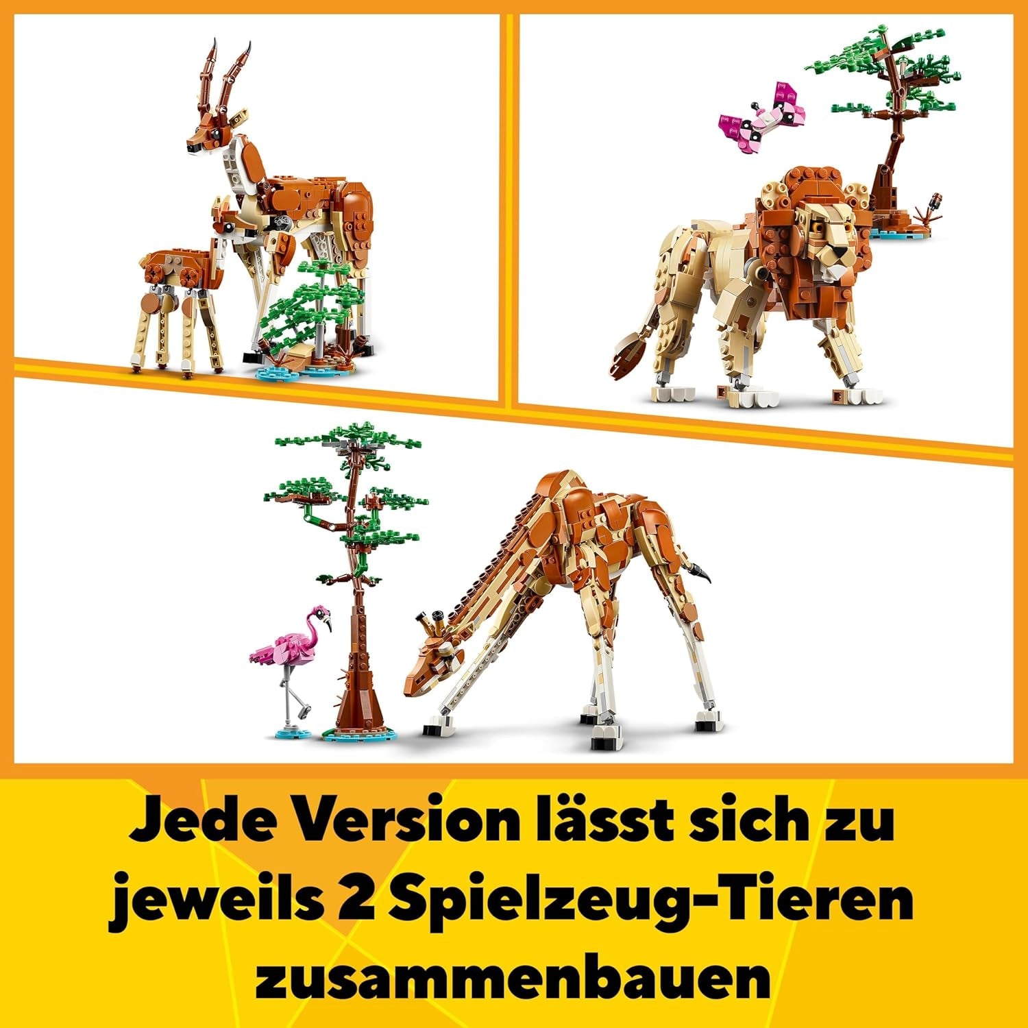 LEGO Creator 3In1 Animal Safari, set creativo con personaggi di animali, 3 opzioni di costruzione: giraffa, gazzella e leone giocattolo, animali giocattolo per ragazze e ragazzi, regalo naturale per bambini dai 9 anni in su 31150 Set da costruzione Beuche den LEGO-Store