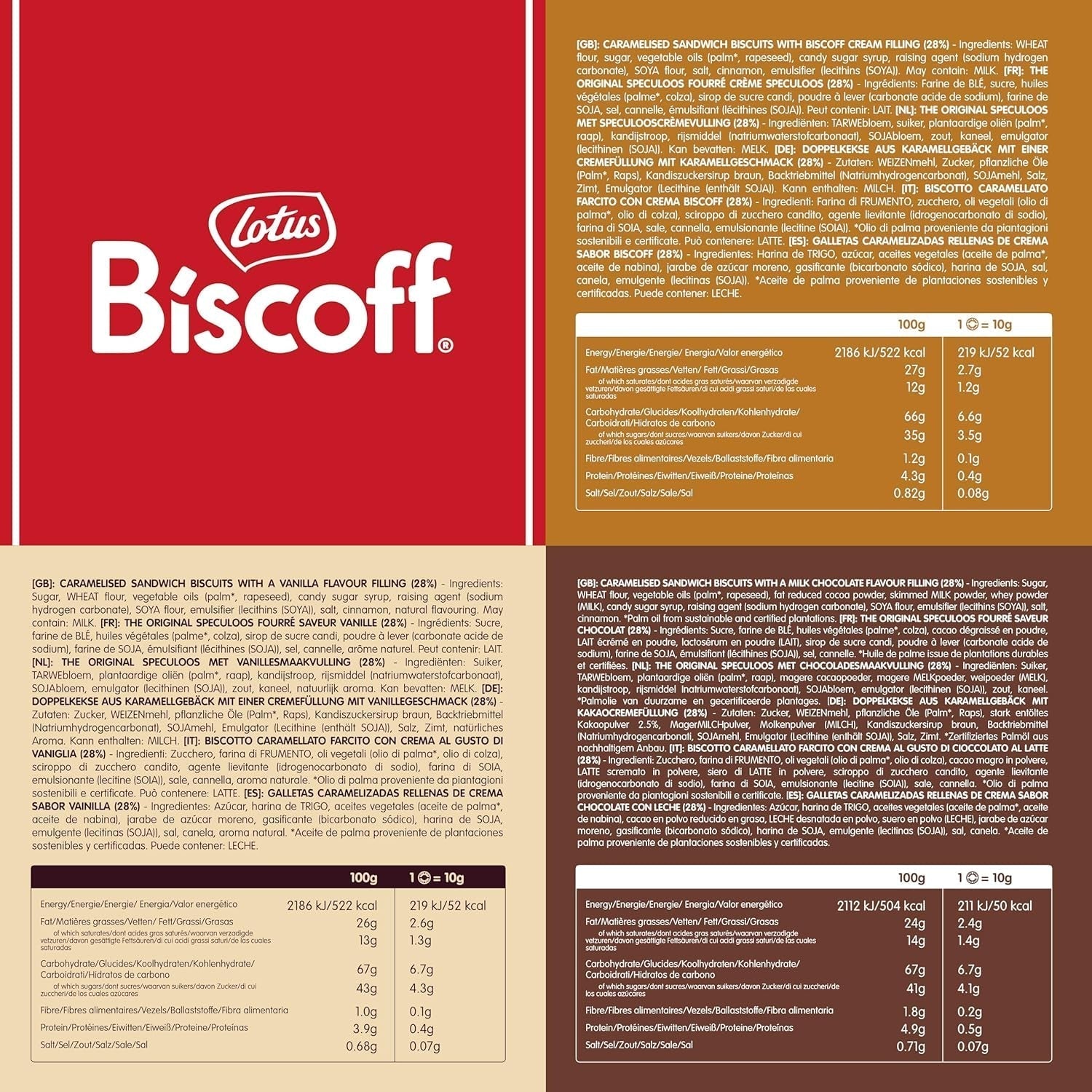 Loto Biscoff | Confezione varietà di biscotti doppi | 3 Varietà: Crema Biscoff, Gusto Vaniglia e Cioccolato | 5 biscotti doppi per confezione | Ingredienti di origine naturale | Senza coloranti | 16 x 50 g | 800 g