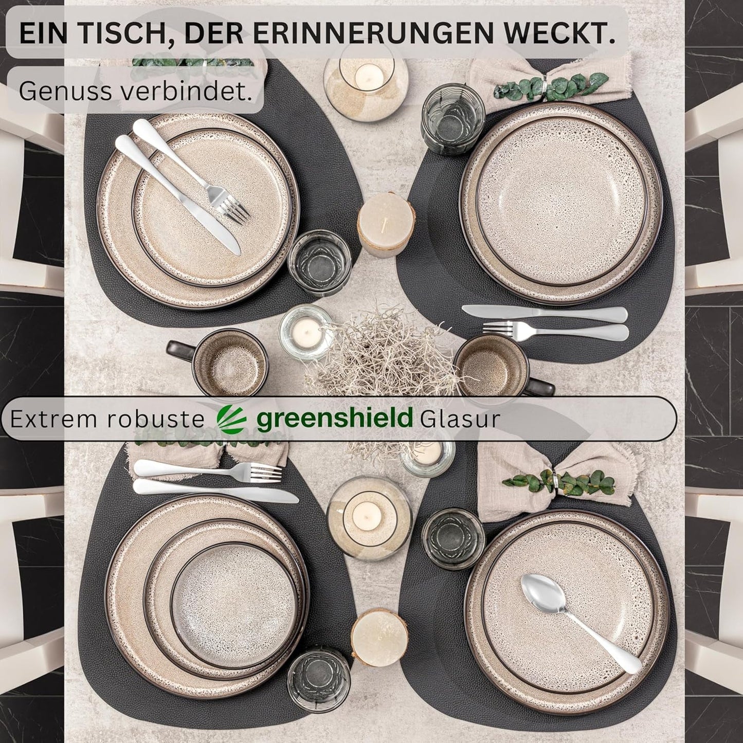 SÄNGER Luxor | Servizio stoviglie in gres, 18 pezzi, Servizio piatti per 6, Servizio stoviglie (6 Piatti piani, 6 Ciotole per cereali, 6 Piatti dessert), Stoviglie marrone-beige antigraffio | LA COLLEZIONE DI VALORE