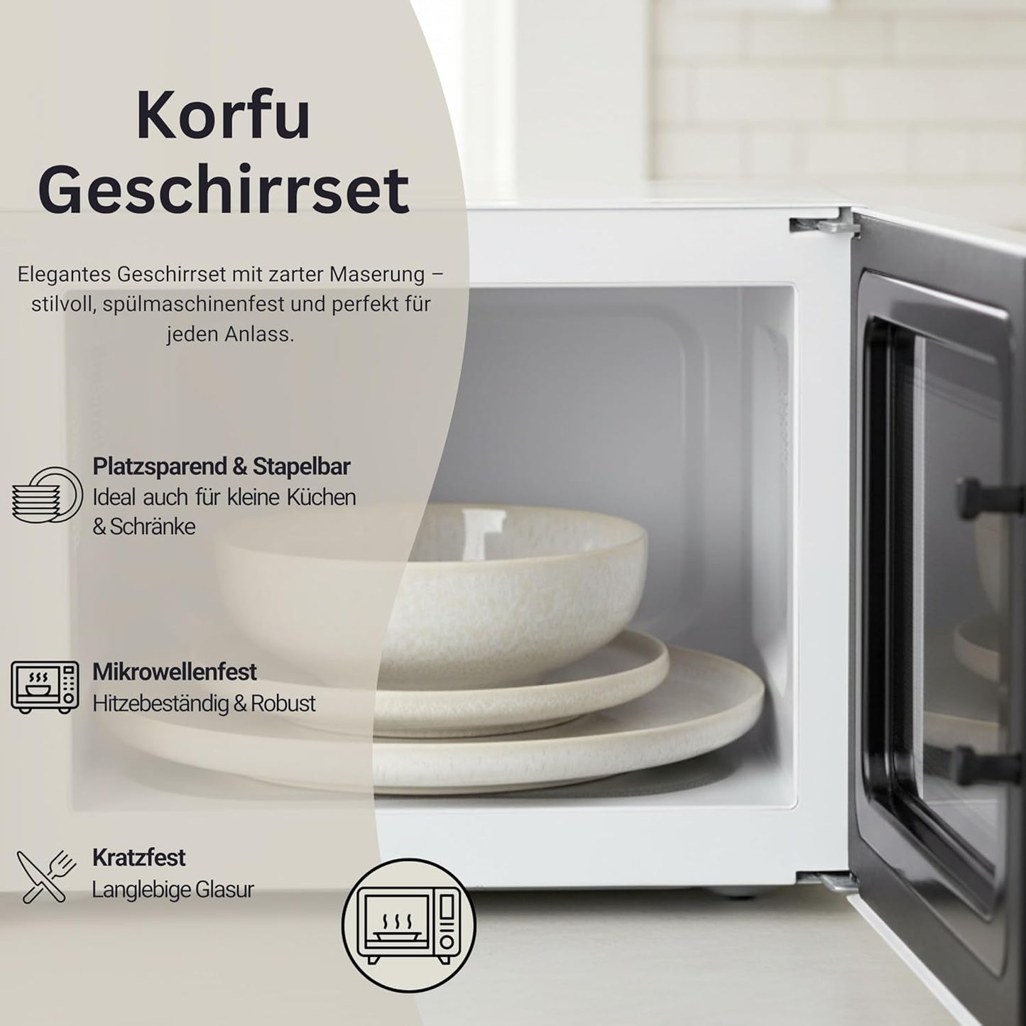 SANGER | Servizio da tavola Corfu da 24 pezzi Servizio da tavola per 8 stoviglie in ceramica fatta a mano, compresi piatti piani, piatti da dessert e piatti Suma, stoviglie color crema con texture sabbia