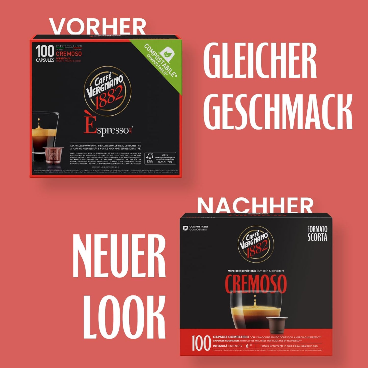 Caffè Vergnano 1882 - Èspresso Kaffeekapseln compostabili, compatibili con Nespresso, Cremoso - Packung Enthält 100 Kapseln