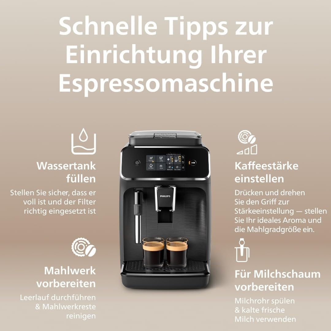 Macchina per caffè espresso automatica PHILIPS serie 2200 - 2 specialità di caffè, display touch, pannarello classico, macinacaffè in ceramica, nero opaco (EP2220/10)