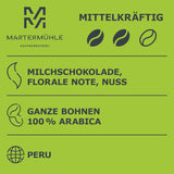 Martermühle Peru Bio Kaffeebohnen 1kg mittelkräftig I Arabica I Aroma: Cioccolato al latte, Note floreali, Nocciole I Ganze Bio Kaffee-Bohnen schonend geröstet, säurearm