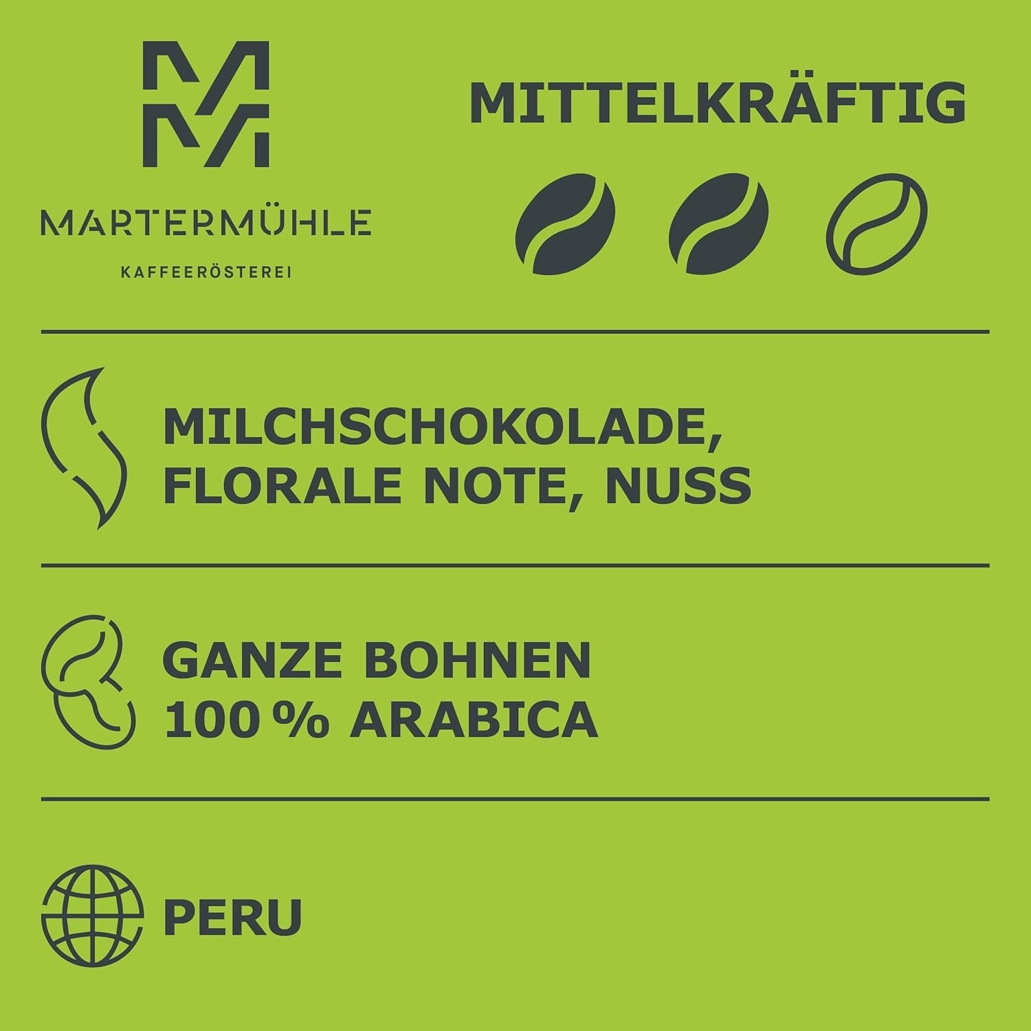 Martermühle Peru Bio Kaffeebohnen 1kg mittelkräftig I Arabica I Aroma: Cioccolato al latte, Note floreali, Nocciole I Ganze Bio Kaffee-Bohnen schonend geröstet, säurearm