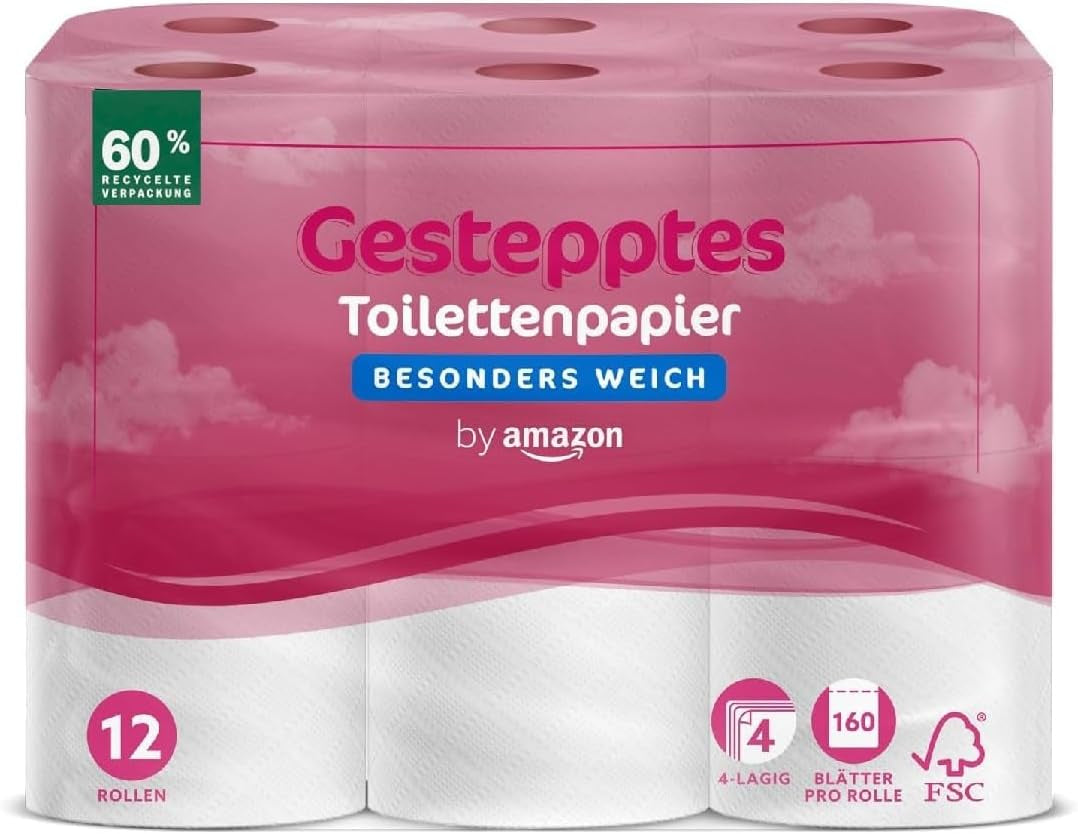 Carta igienica Amazon di Amazon, trapuntata a 4 veli, extra morbida, 48 rotoli (12 rotoli, confezione da 4), 160 fogli per rotolo, certificata FSC