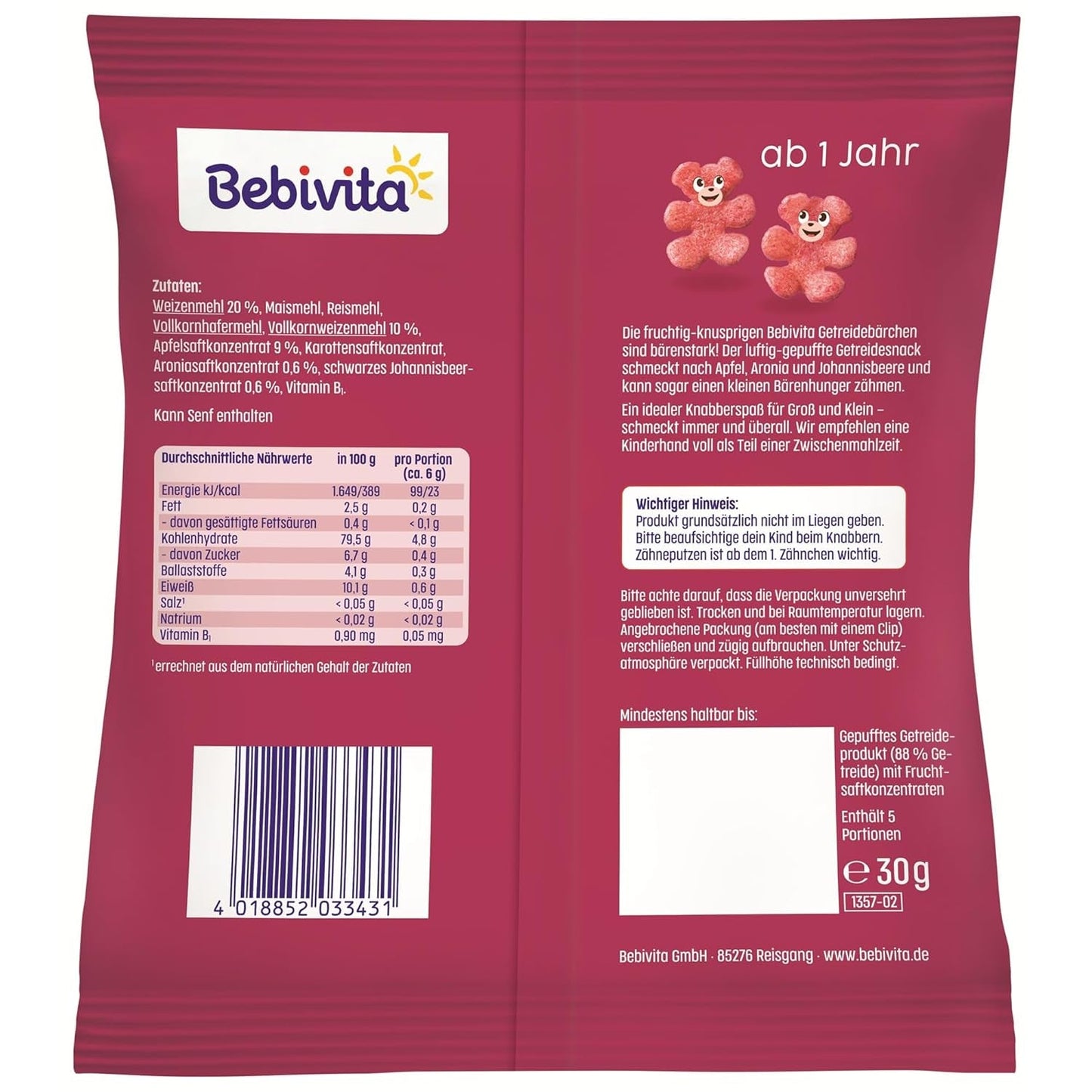 Orsetti di cereali con superfrutti (9 x 30g) – snack per bambini a partire da 1 anno, dolcificati solo con frutta, divertimento ideale per tutta la famiglia