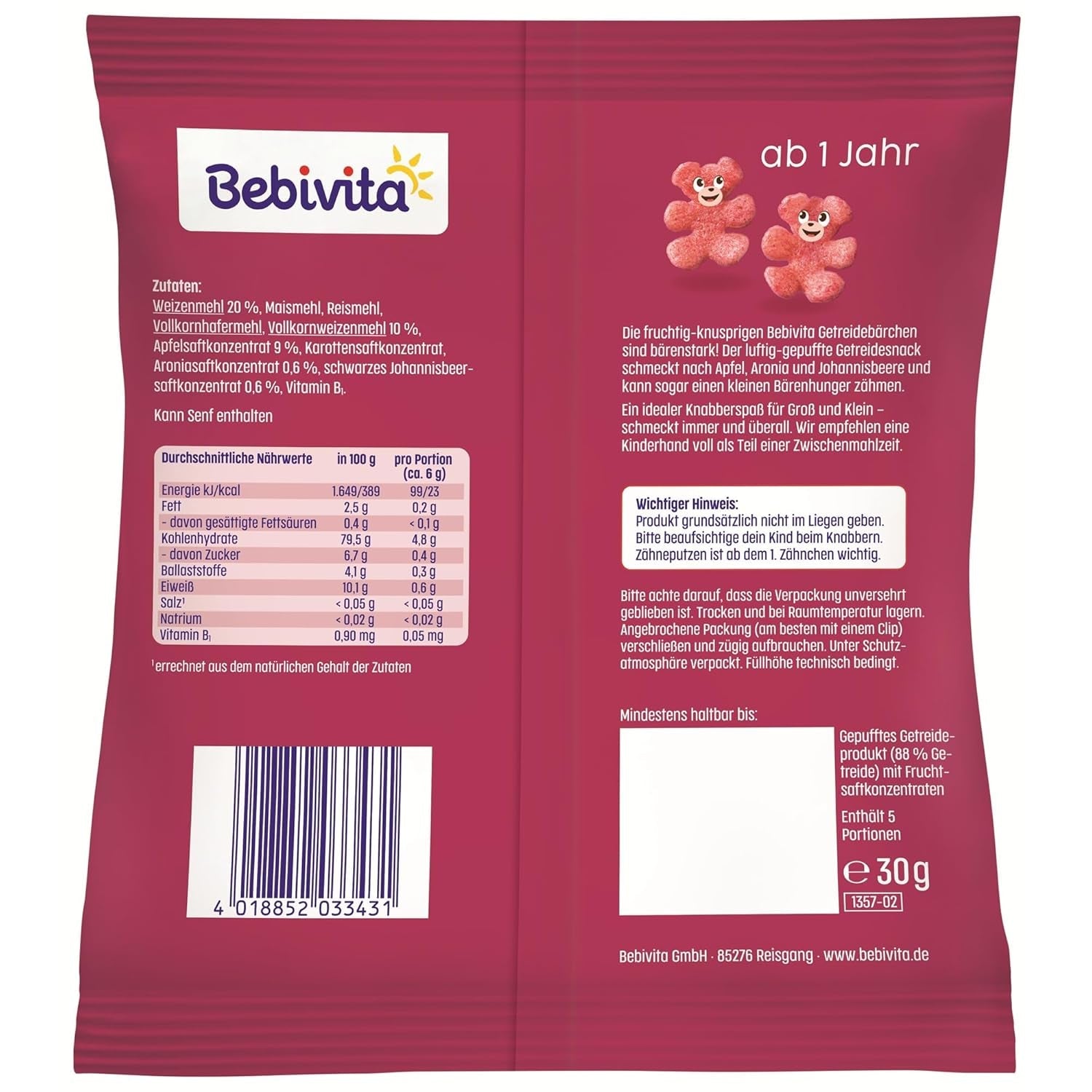 Orsetti di cereali con superfrutti (9 x 30g) – snack per bambini a partire da 1 anno, dolcificati solo con frutta, divertimento ideale per tutta la famiglia