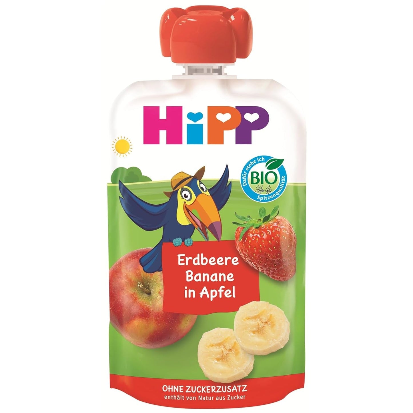 Busta di frutta comprimibile biologica HiPP con fragole e banane color mela - Theo Tukan (8 x 100 g), da 1 anno, purea di frutta al 100%, senza zuccheri aggiunti, vegano, migliore qualità biologica
