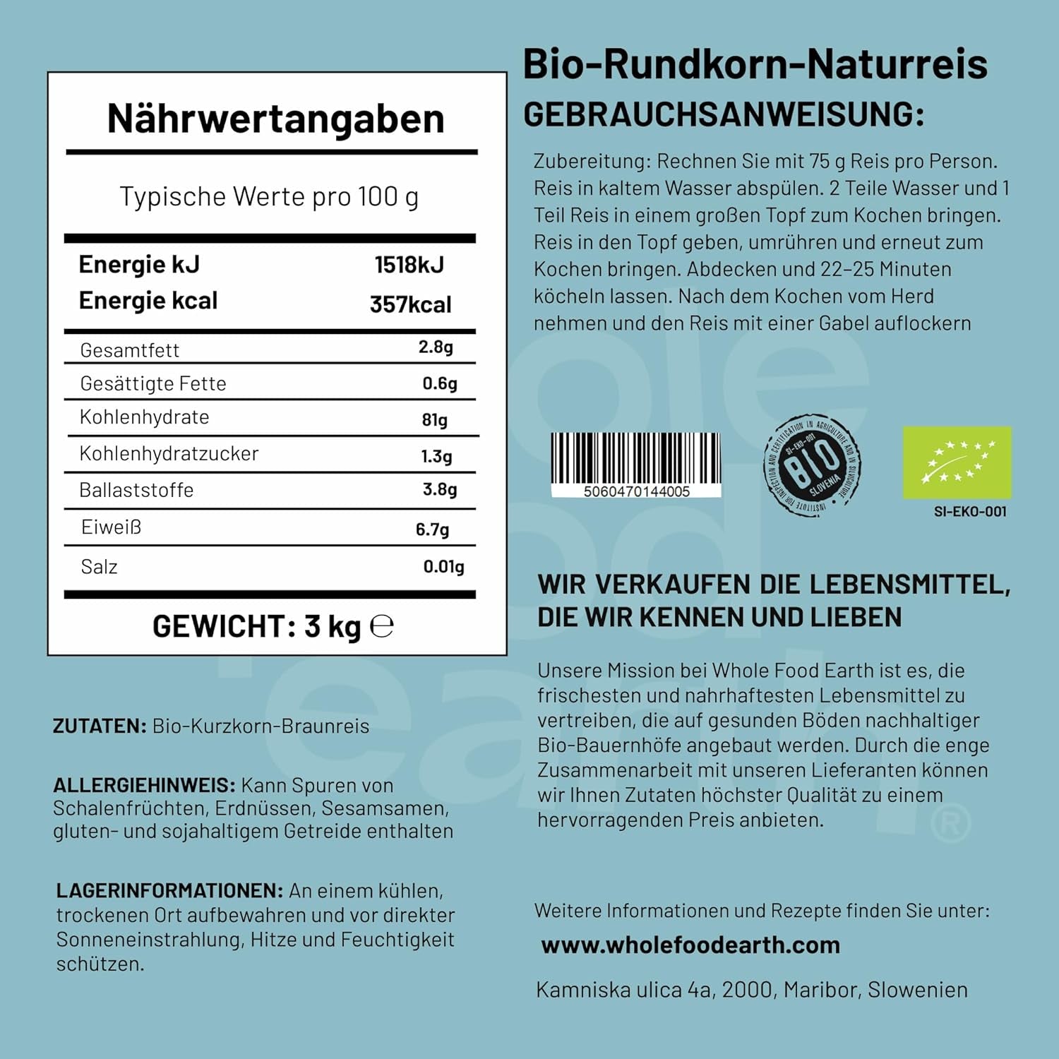 Riso integrale biologico a grani corti Wholefood Earth 3 kg Non OGM Fonte vegana di fibre da agricoltura biologica controllata