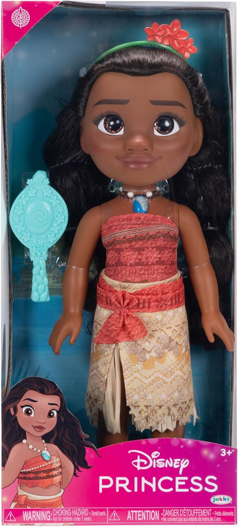 Disney Princess Moana bambola da 35 cm, occhi glitter riflettenti, articolazioni mobili, vestito staccabile, fermaglio floreale, capelli lunghi, per ragazze dai 3 anni in su