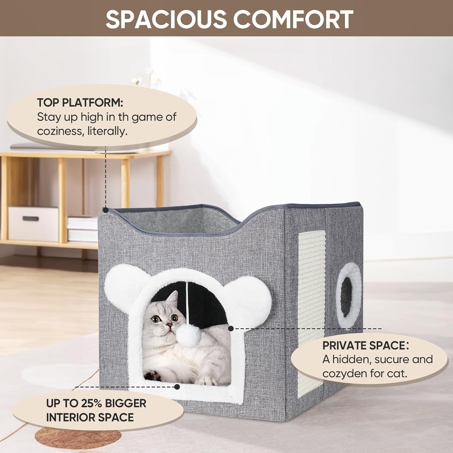 Katzenbetten für Indoor Katzen, Faltbares Katzenhaus, Katzenhöhle 2 Schicht Würfel Großer Raum Katzenbett mit Kratzbrett und Spielball, 15.8 x 15.8 x 15 pollici