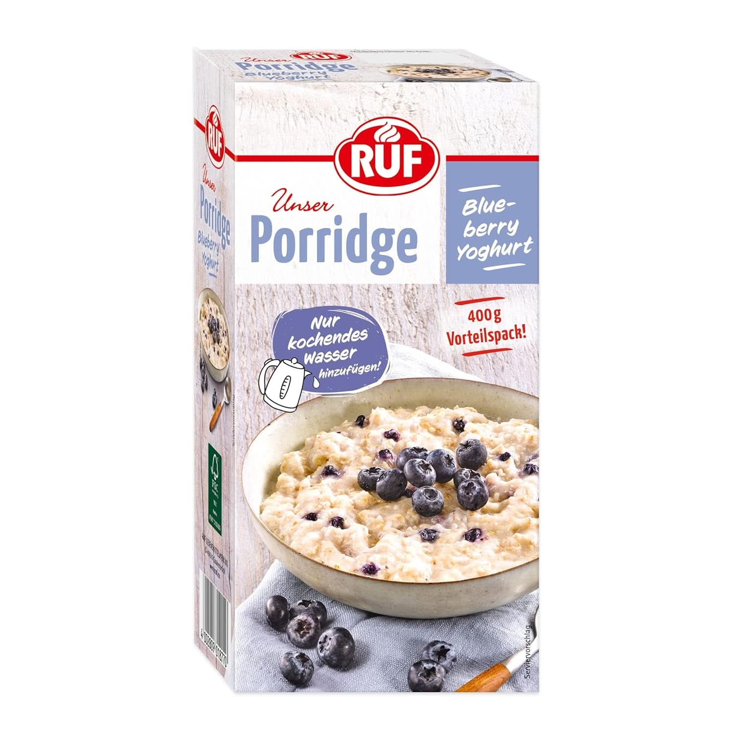 RUF Porridge Mela Cannella, con fiocchi d'avena integrali, fine aroma di cannella e pezzetti di mele essiccate, 400 grammi Naty Shop Cereals 400 grammi Yogurt con mirtilli