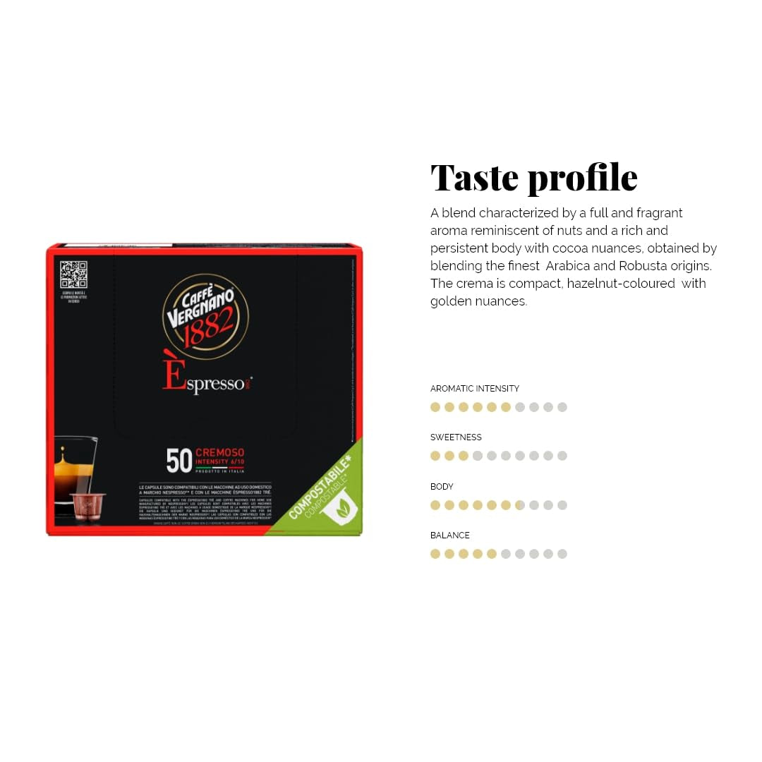 Caffè Vergnano 1882 - Èspresso Kompostierbare Kaffeekapseln, compatibile con Nespresso, Cremoso (Creamy) - Packung Enthält 50 Kapseln