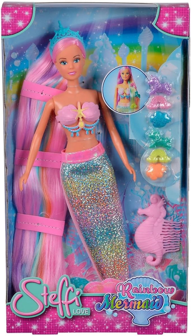 Simba 105733610 - Steffi Love Sirena Arcobaleno, bambola da vestire sirena arcobaleno con capelli colorati, fermagli per capelli, pettine e pinna staccabile, bambola da gioco 29 cm, età 3+ Dolls Naty Shop