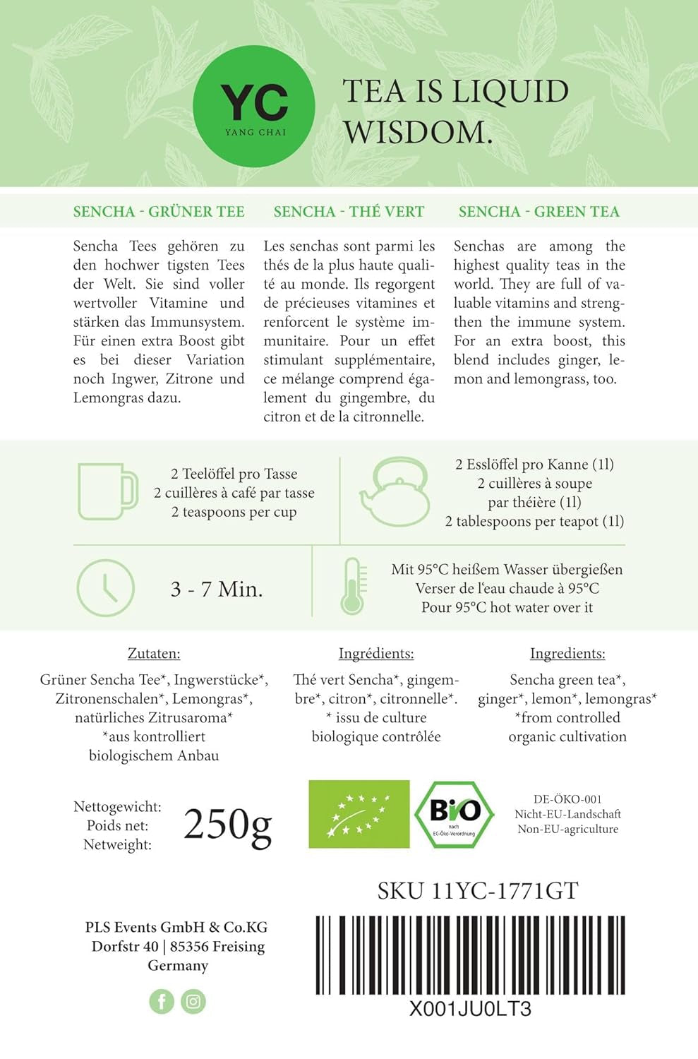 YC Yang Chai Sencha Green Tea BIO 250G - Tè giapponese sfuso al gusto di bergamotto - Tè verde giapponese originale "Dinastia Sencha" da coltivazione biologica controllata
