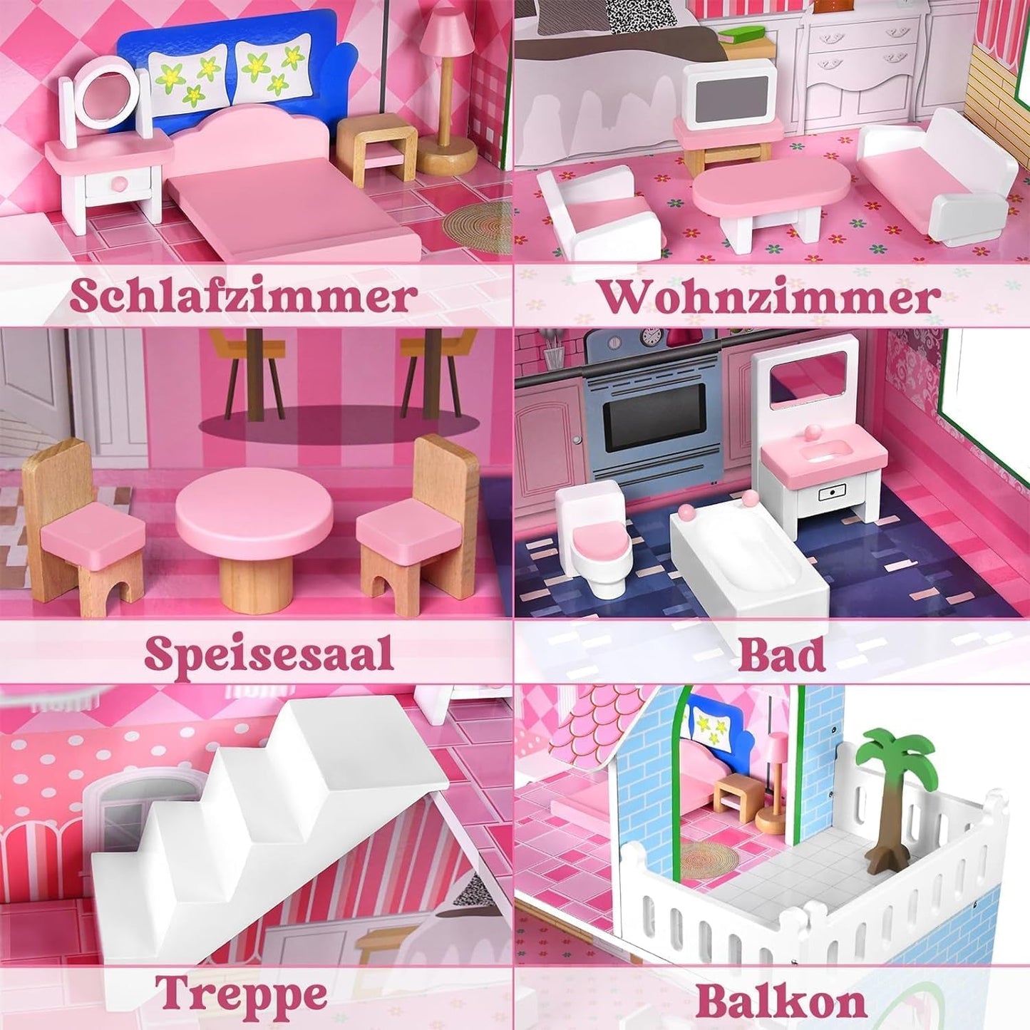 HENGMEI Puppenhaus Kinder Holz Puppenvilla Dollhouse Set Mädchen Spielset 3 Etagen Haus mit Möbeln und Zubehör, 70x30x100cm Puppenhäuser für Kinder (Tipo B)