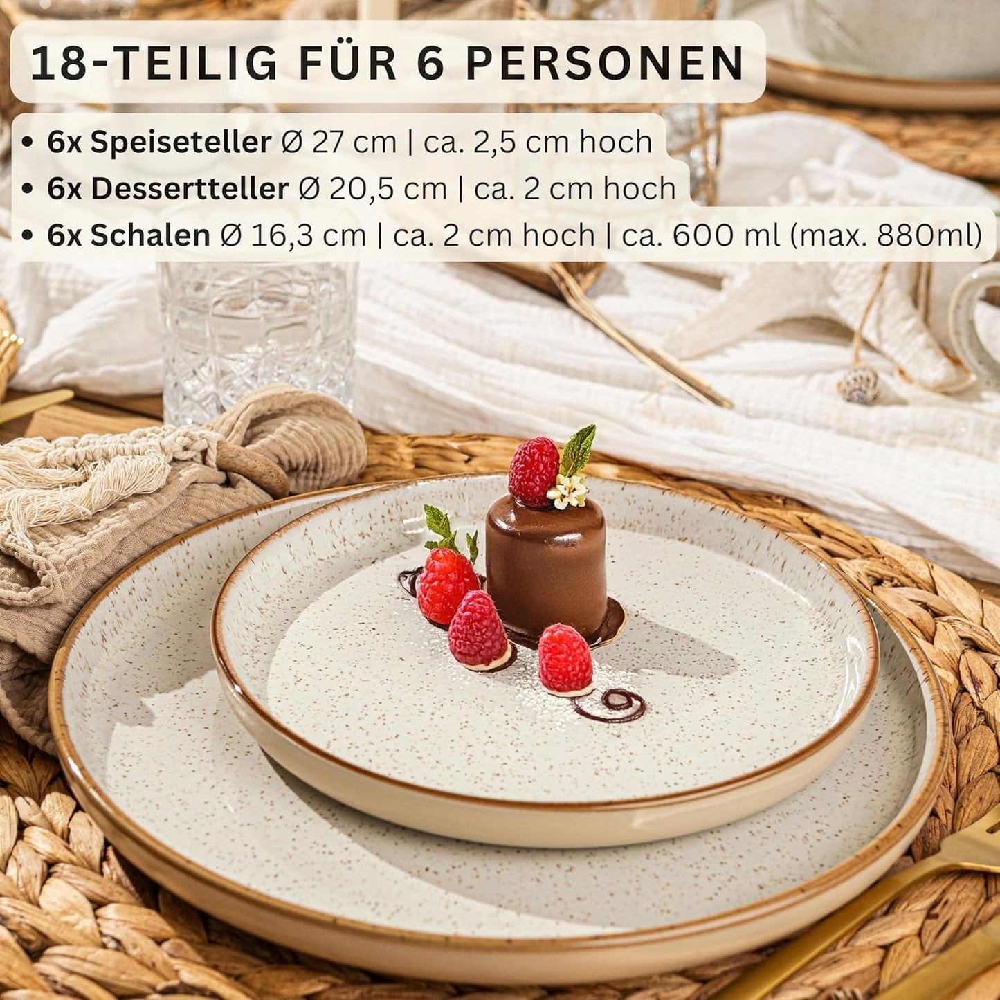 SÄNGER Rio Creme | Set di stoviglie in gres da 18 pezzi per 6 persone, inclusi 6 piatti piani, 6 piatti da dessert e 6 ciotole | LA COLLEZIONE DI VALORE