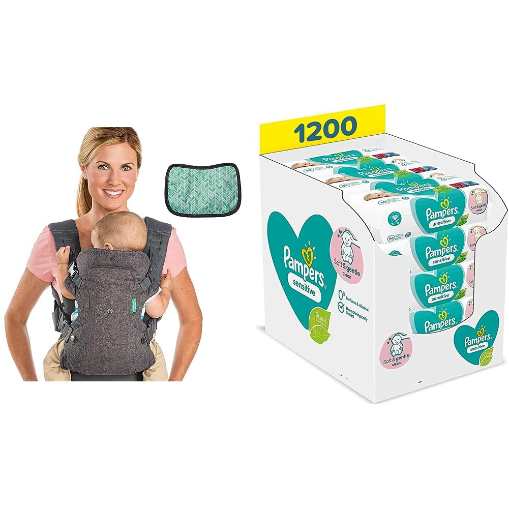 Pampers Sensitive Flip Advanced Marsupio 4 in 1 con bavaglino e salviette, 1200 salviette (15 x 80) per la pelle sensibile del bambino, dermatologicamente testato, prodotti essenziali per neonati