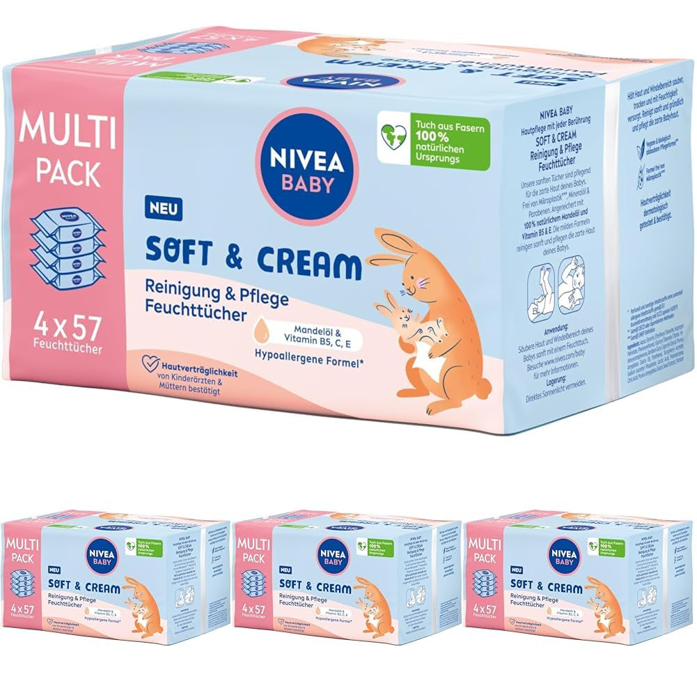 NIVEA BABY Salviette umidificate Soft & Cream per neonati (4 x 57 pezzi)
