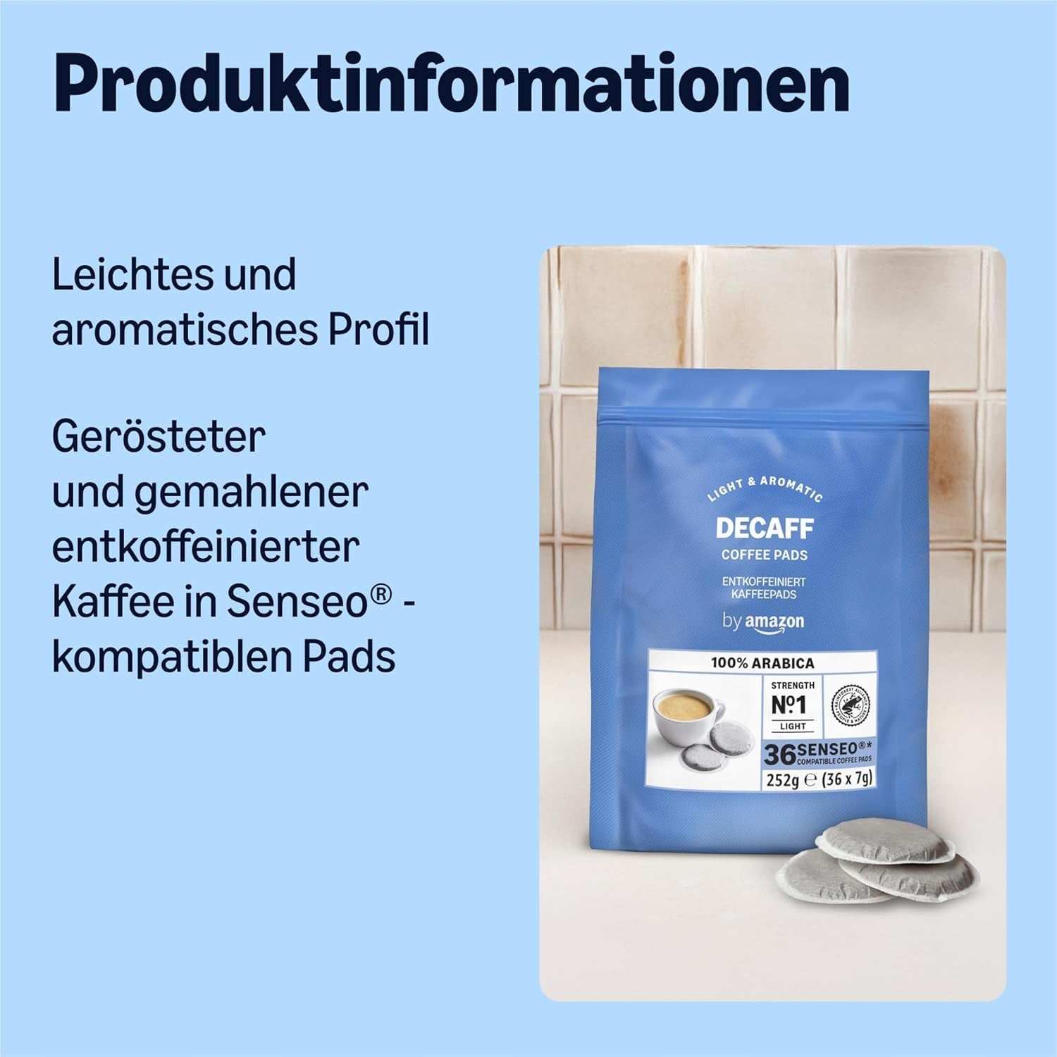 di Amazon Entkoffeinierte 100% Arabica-Kaffeepads, geeignet für Senseo-Maschinen, medium Röstung, 36 Stück (1 Packung mit 36 ​​​​Stück) – Rainforest Alliance-zertifiziert