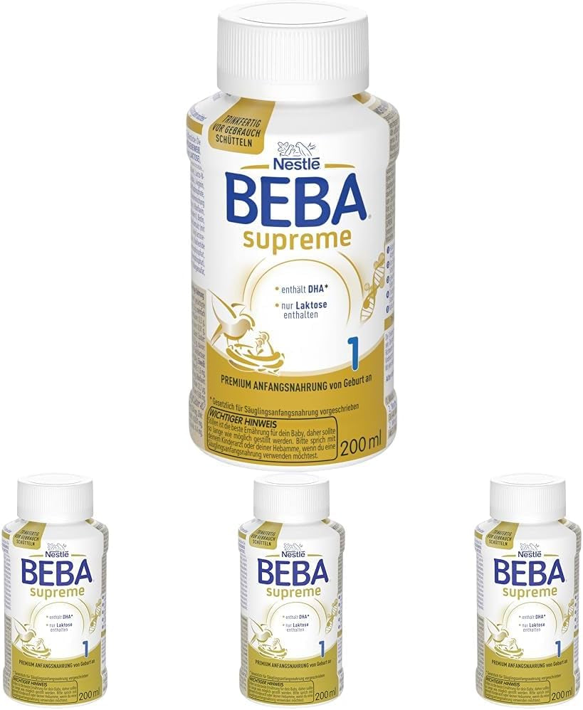 BEBA Nestlé BEBA SUPREME 1 Latte per lattanti: biberon pronti da bere con Omega 3, confezione da 4 (1 x 200 ml)