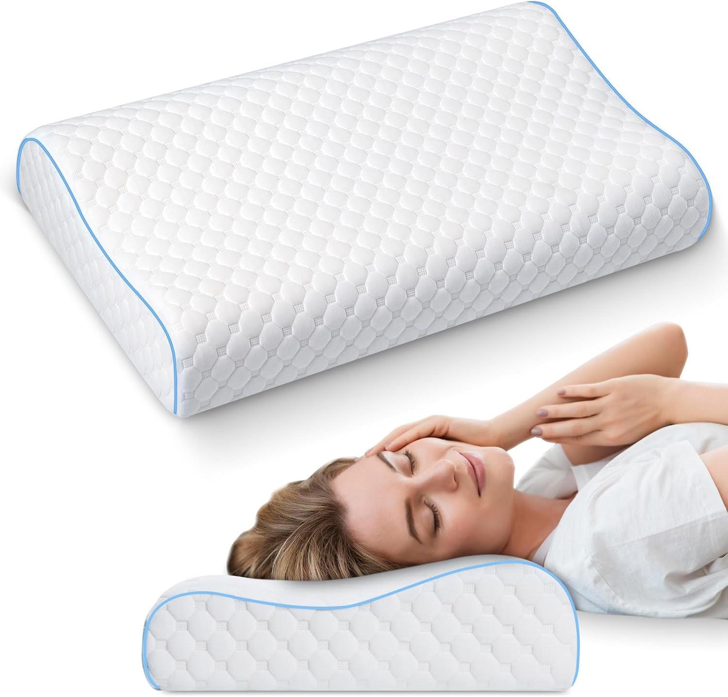 PHYSEN Cuscino ortopedico Cuscino per il collo, Cuscino di supporto per il collo, Cuscino in memory foam, Cuscino ergonomico per il dolore al collo Cuscino per dormire Cuscino antirussamento per fianchi, schiena e addome (62 * 34 * 11 6,5 cm) Cuscini ortopedici cervicali Naty Shop Bianco-Blu