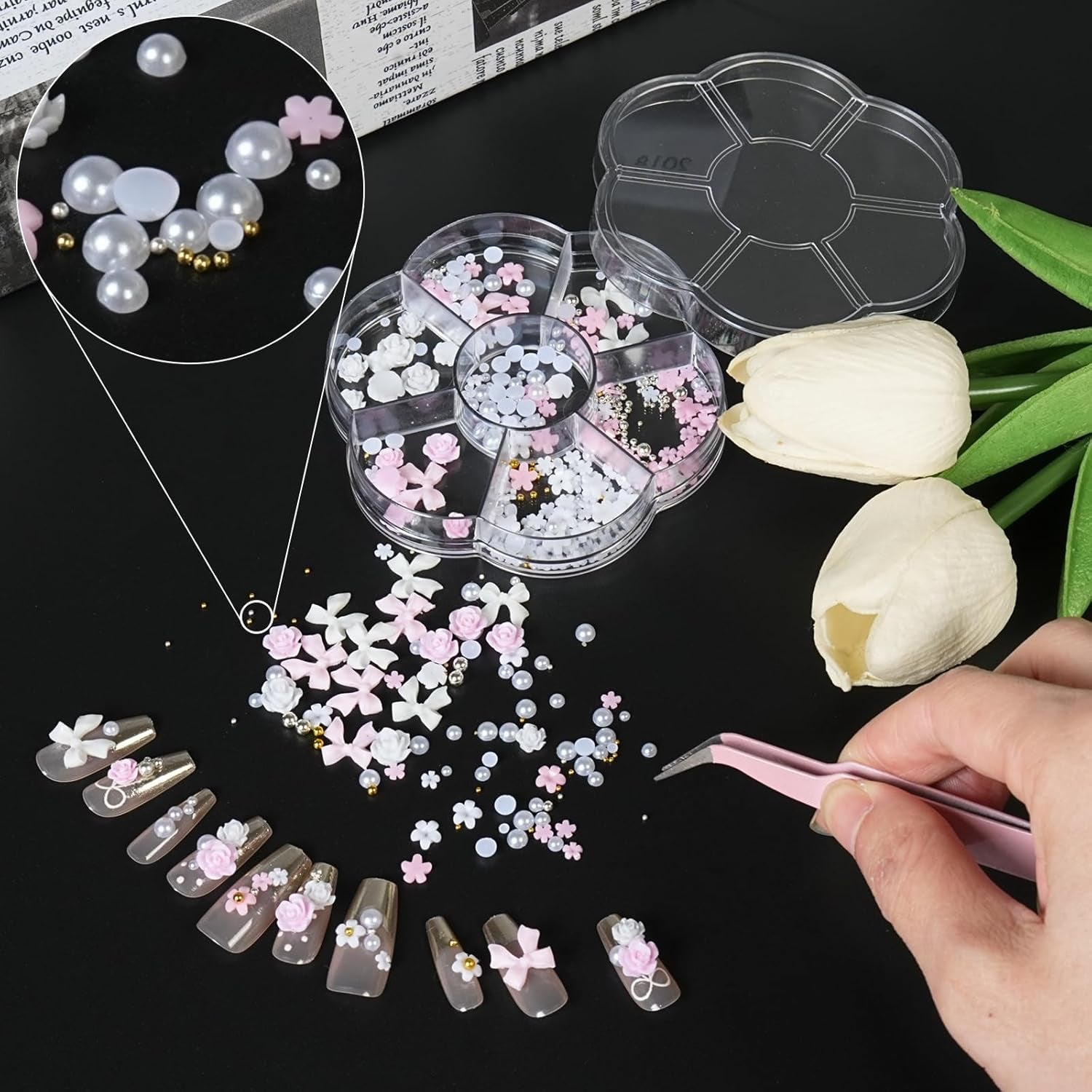Ciondoli per unghie 3D, Ciondoli per nail art Schleifen, Blumen Und Perlen, Nagel Charms Aus Harz, Set di decorazioni per unghie, Ciondoli fai da te Nägel, Nagelanhänger