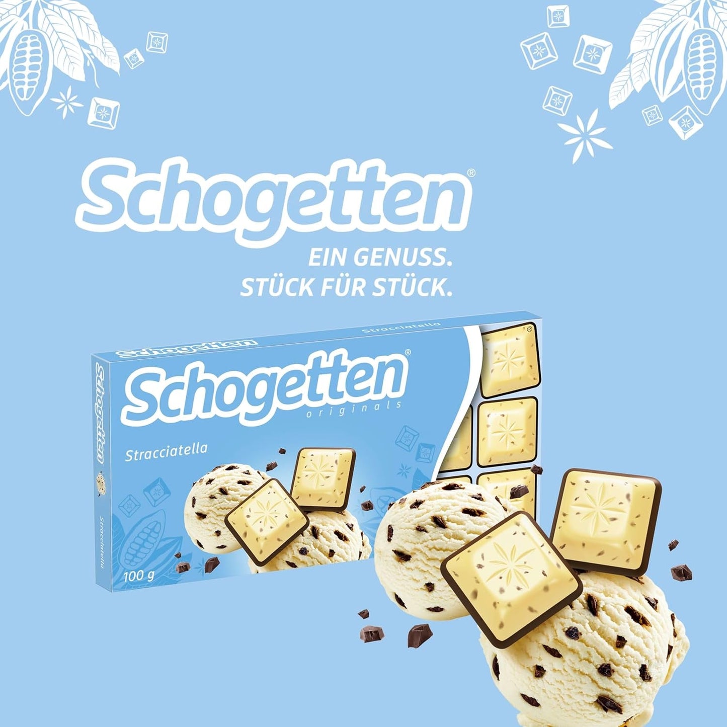 Tavoletta di cioccolato Schogetten Stracciatella 100g, porzionata singolarmente. Una delizia. Pezzo per pezzo.