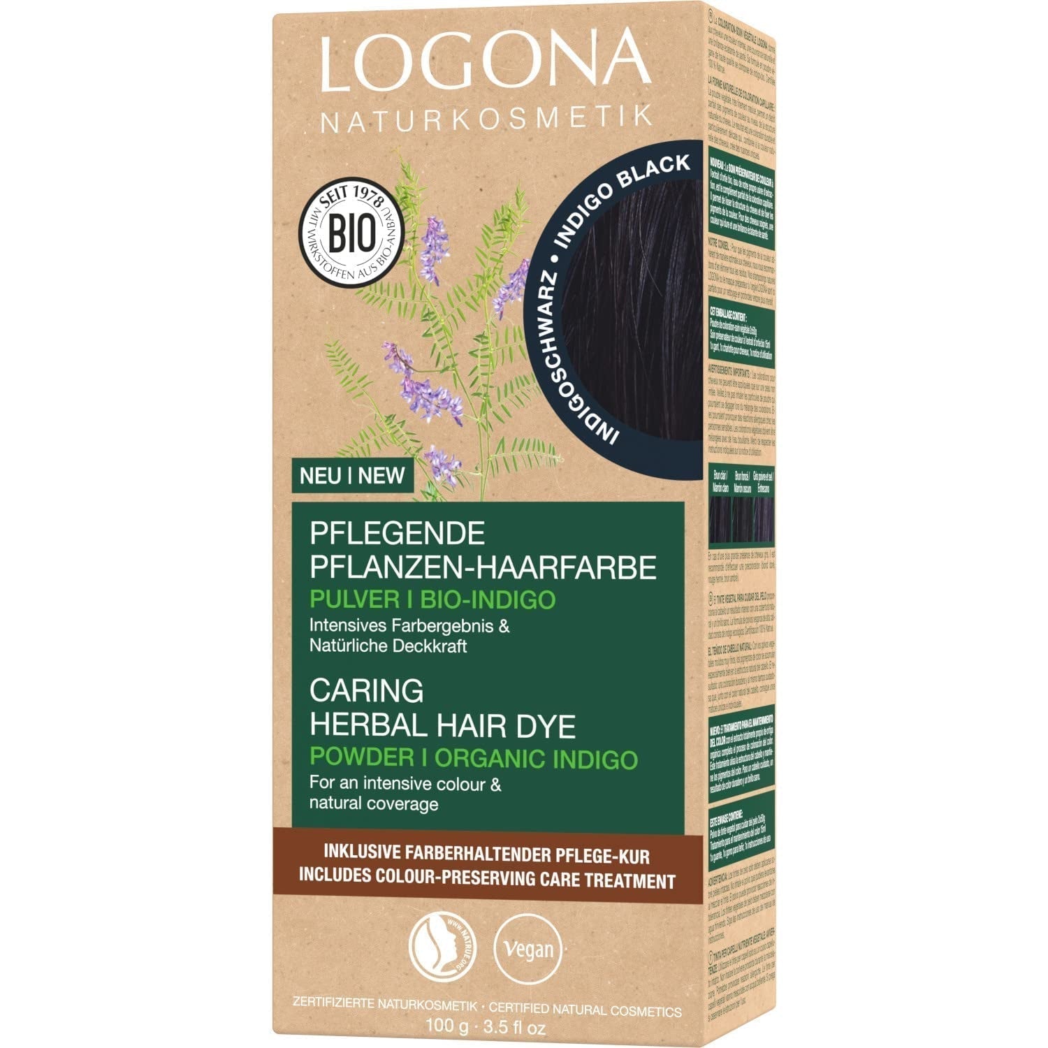 LOGONA Natural Cosmetics Tintura per capelli nutriente alle erbe, tintura per capelli vegana in polvere di henné biologico per colore e lucentezza intensi, tintura per capelli alle erbe in biondo rame (biondo), 1 x 100 g di tintura per capelli nero indaco Naty Shop 100 g (1 confezione)