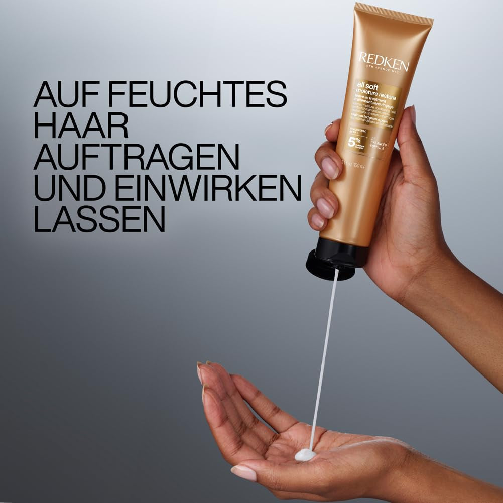 Maschera per capelli Redken con acido ialuronico per capelli secchi, anticrespo e protezione dal calore fino a 230°C, maschera senza risciacquo All Soft Moisture Restore, 1 maschera per capelli Naty Shop da 150 ml