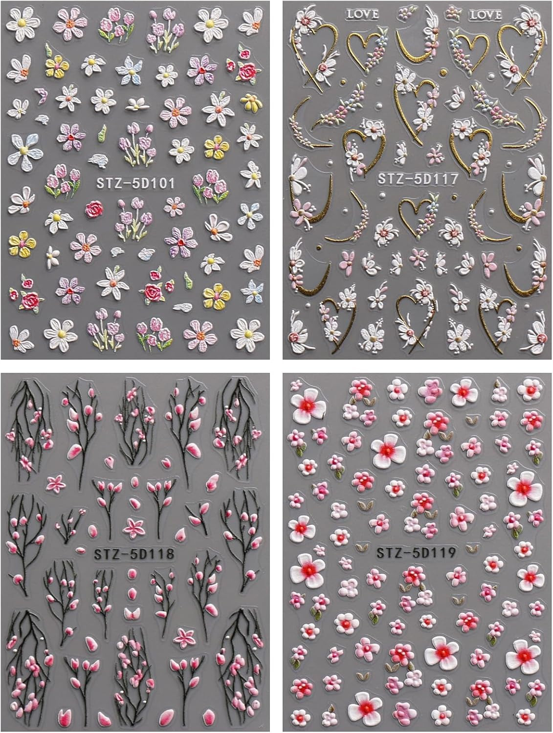 JMEOWIO 3D Nagelsticker Blume Nail Art Sticker Self-klebend Nagelaufkleber 5D Stereoscopico Frühling Sommer Floral Dekoration Nageldesign Zubehör 4 Blatt