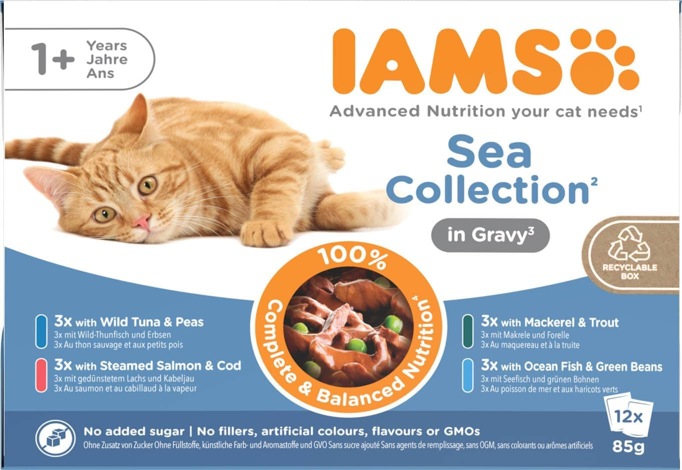 IAMS Delights Sea Collection Katzenfutter Nass - Confezione multipla con varietà di pesce (Lachs, Thunfisch, Mackerel, Seefisch) in salsa, Nassfutter für Katzen da 1 anno, 12 x 85g