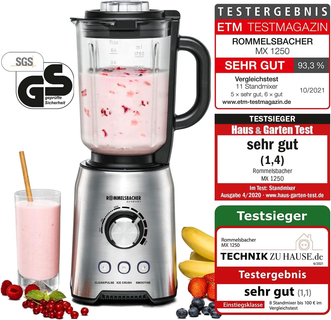 ROMMELSBACHER Robot da cucina MX 1250-22.000 U/Min, Stufenlose Drehzahlregulierung, Funktionsstasten (Smoothie, Clean/Pulse, Ice Crush), Glaskrug, Edelstahlgehäuse, Spezialmesser, 1200 Watt Kitchen Naty Shop