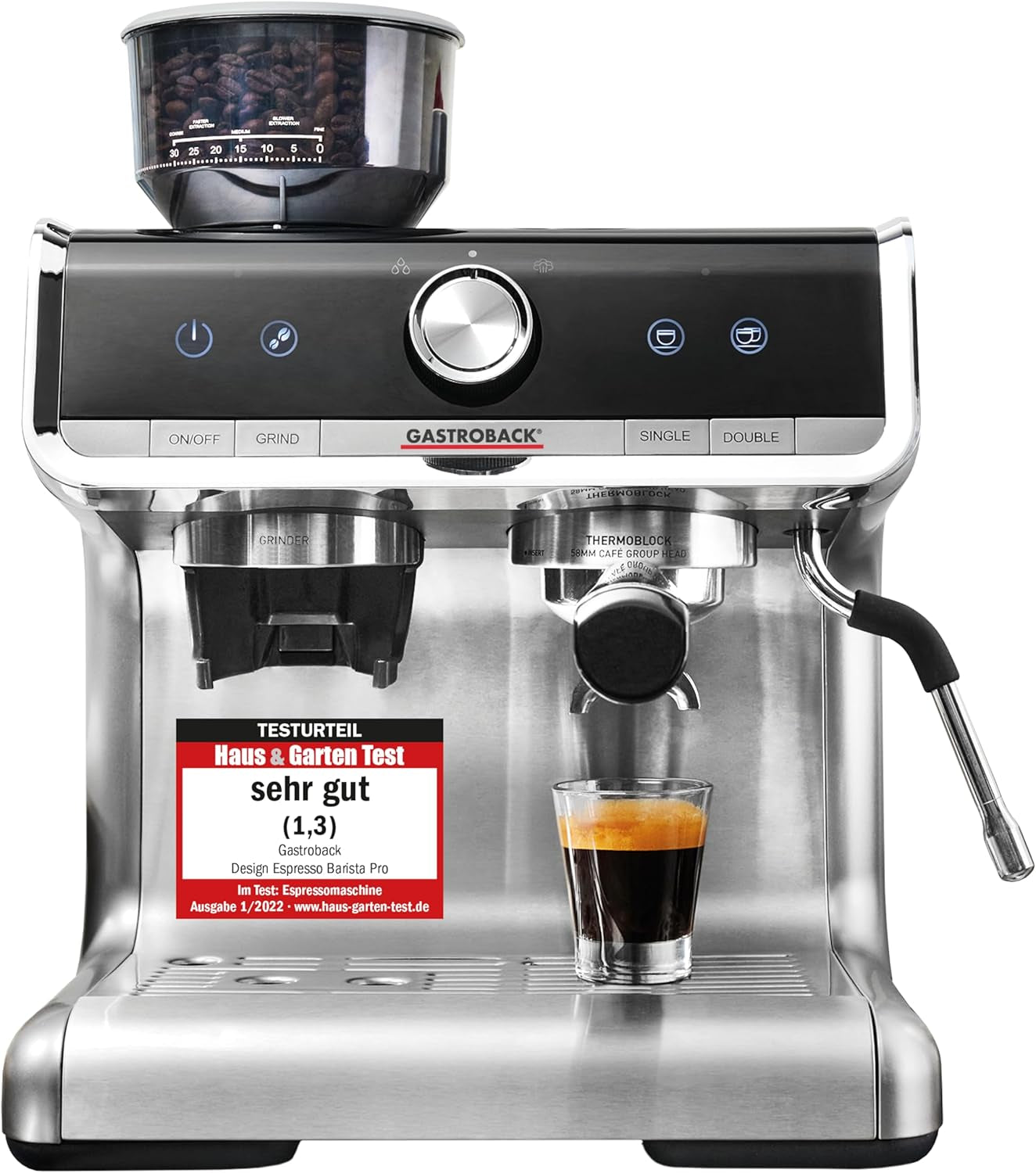 Macchina per caffè espresso GASTROBACK con macinacaffè, inclusa lattiera, pressa e portafiltro in acciaio inox - Macchina per caffè espresso Barista con montalatte - Macchina per caffè espresso con 30 impostazioni di macinatura