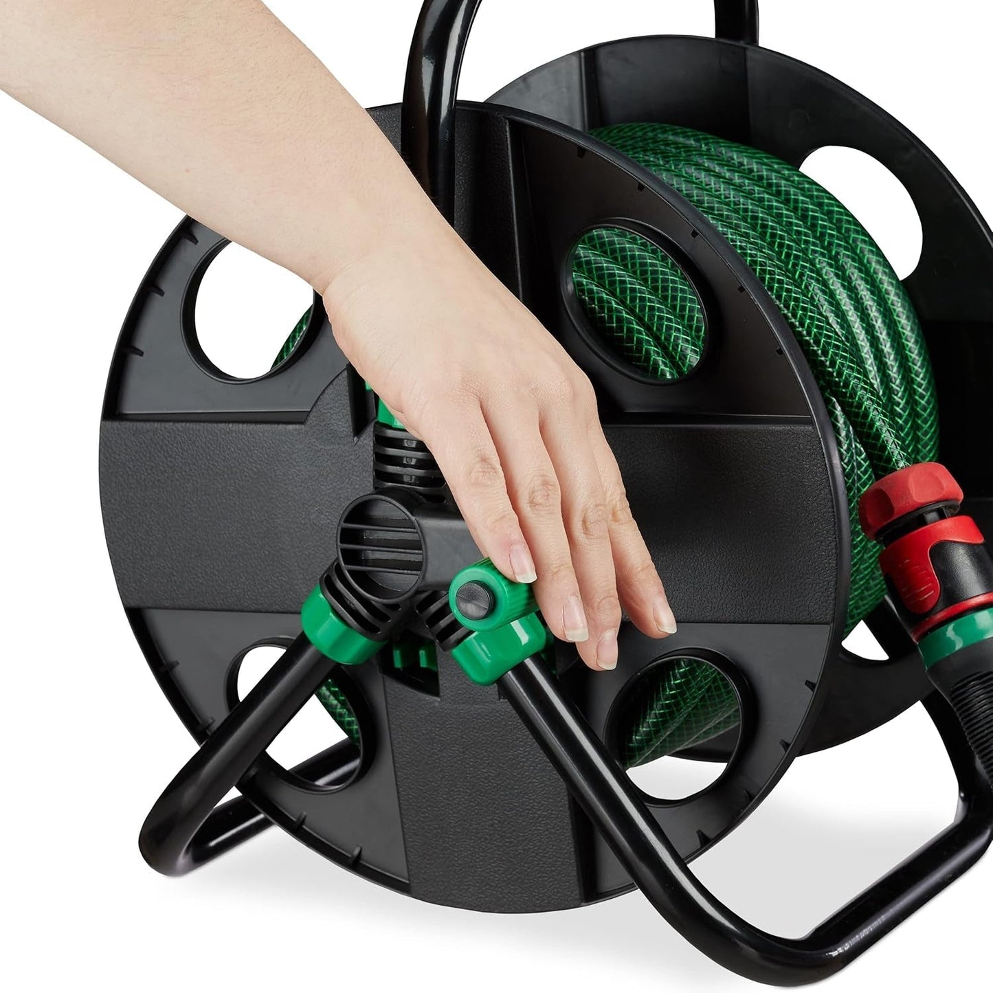 Relaxdays Avvolgitubo, Avvolgitubo Vuoto per Acqua, Tubo da Giardino da 30 m 1/2", Altezza-Larghezza 39 x 43 x 30 cm, Nero-Verde