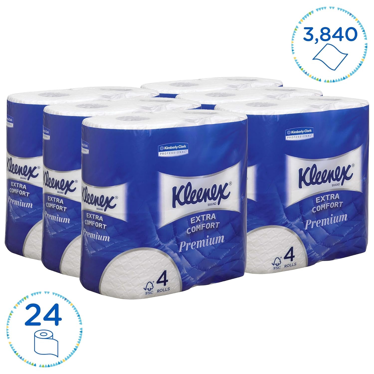 Rotoli di carta igienica Kleenex Premium 8484, carta igienica 24 rotoli x 160 fogli gonfiati, carta igienica a 4 veli, fibra pura al 100%, alta qualità, resistente agli strappi e morbida (confezione da 2)