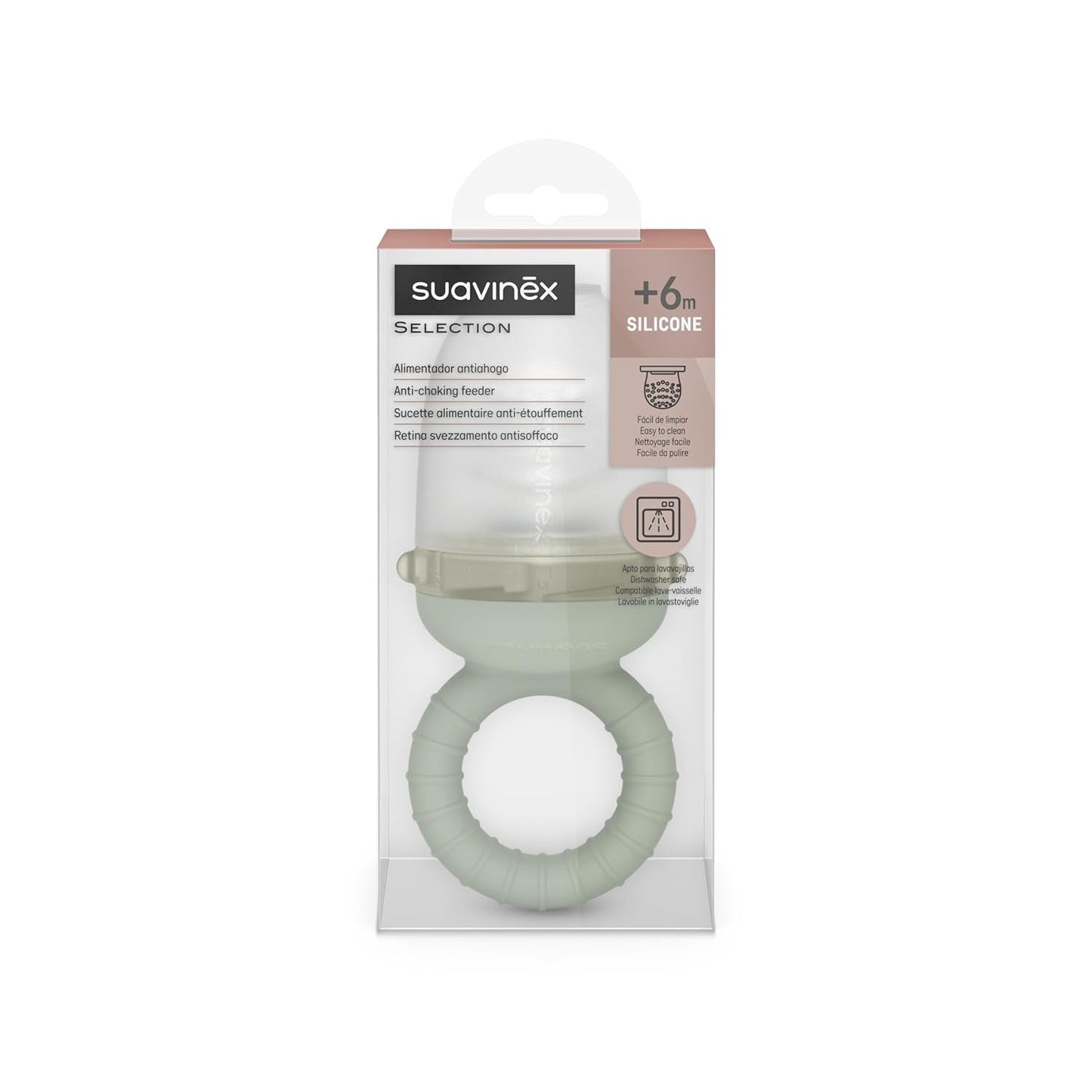 Suavinex Protezione da masticare per bambini Silicone alimentare con coperchio Facile da pulire Lavabile in lavastoviglie e adatta al congelatore Lenisce le gengive 6 mesi Verde