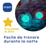 Ciuccio MAM 6+ mesi (confezione da 2) MAM 6-16 mesi si illumina al buio con tettarella in gomma, confezione da 2 con portaciuccio sterilizzante, azzurro/azzurro
