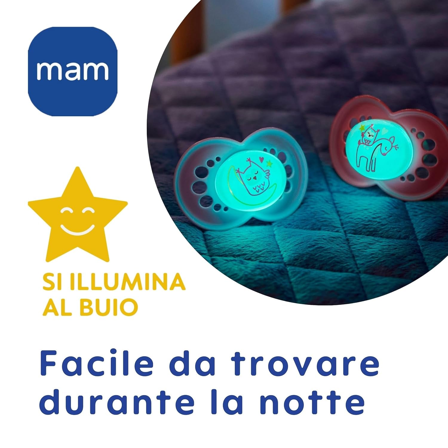 Ciuccio MAM 6+ mesi (confezione da 2) MAM 6-16 mesi si illumina al buio con tettarella in gomma, confezione da 2 con portaciuccio sterilizzante, azzurro/azzurro