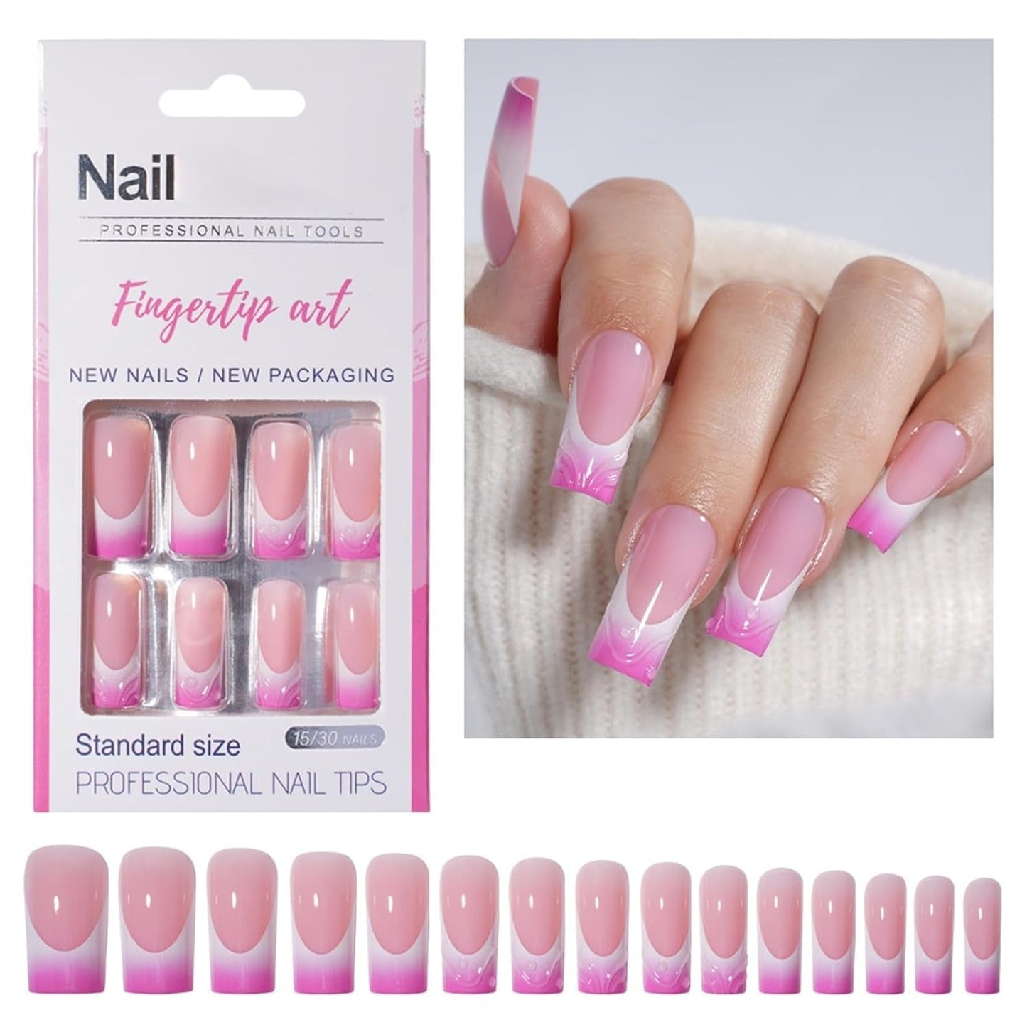 30 unghie finte francesi - colla su unghie artificiali - unghie in gel morbido per donne - manicure quadrata per unghie adesive acriliche (rosa francese)