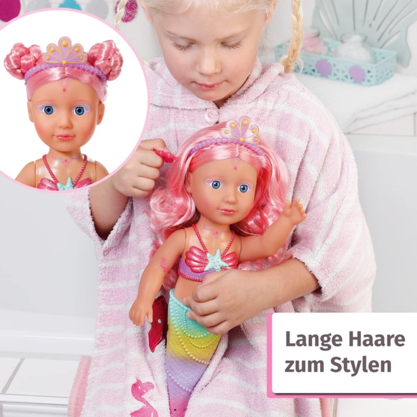 BABY Born Little Sister Sirena 46 cm Bambola sirena impermeabile con capelli lunghi e pinna glitterata mobile, incl. diadema e pettine, 833681 Zapf Creation Dolls Naty Shop