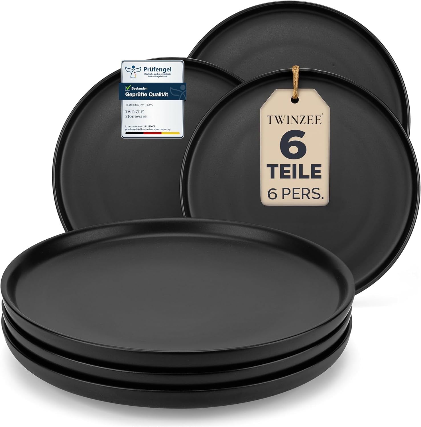 Set di piatti in gres per 6 - Nero opaco Set da 6 pezzi Piatti grandi adatti al microonde Design elegante - Collezione Twinzee Ebony