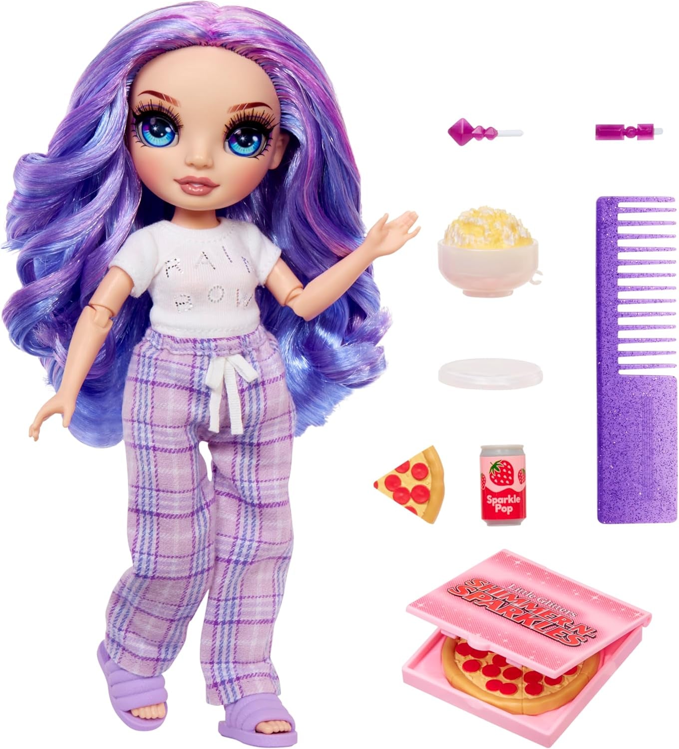Rainbow High Junior High PJ Party Doll - Viola - 22 cm con tuta morbida, pantofole e accessori da gioco - Giocattolo per bambini - Ideale per 4-12 anni