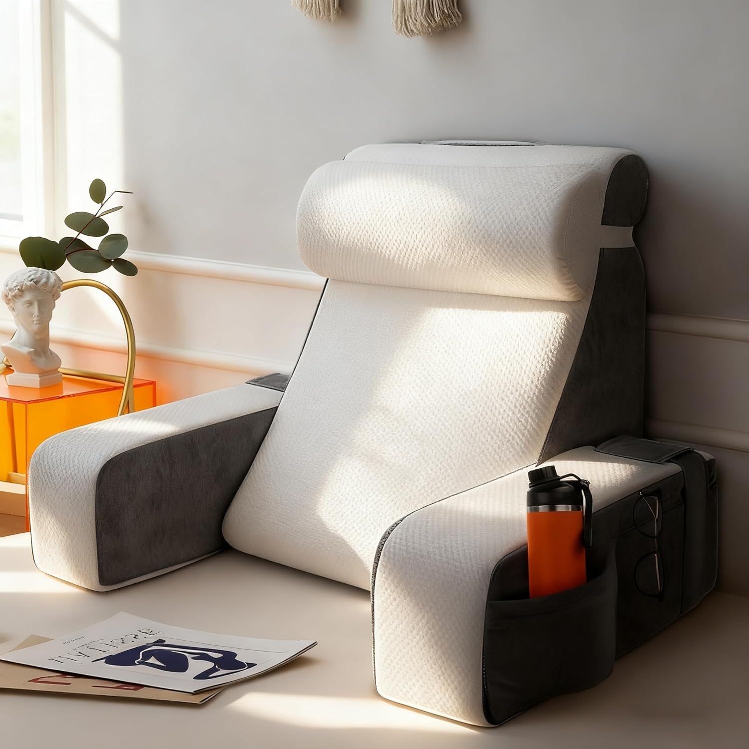 Ampio cuscino da lettura con supporto per collo e braccioli removibili, cuscino schienale per letto, cuscino schienale ergonomico con bracciolo, tasca e fodera lavabile per leggere e guardare la TV.