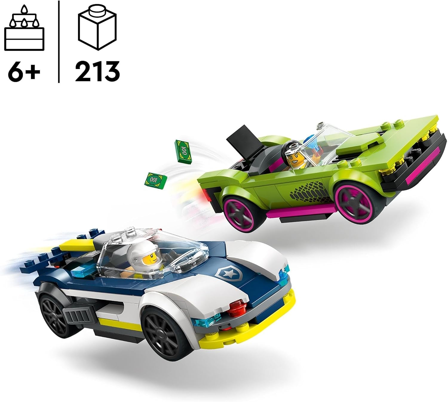 Inseguimento in auto LEGO City con auto della polizia e muscle car, trenino con 2 auto da corsa, regalo della polizia per bambini, ragazzi e ragazze dai 6 anni, set con poliziotto e minifigure Ganovin 60415 Set da costruzione Besuche den LEGO-Store