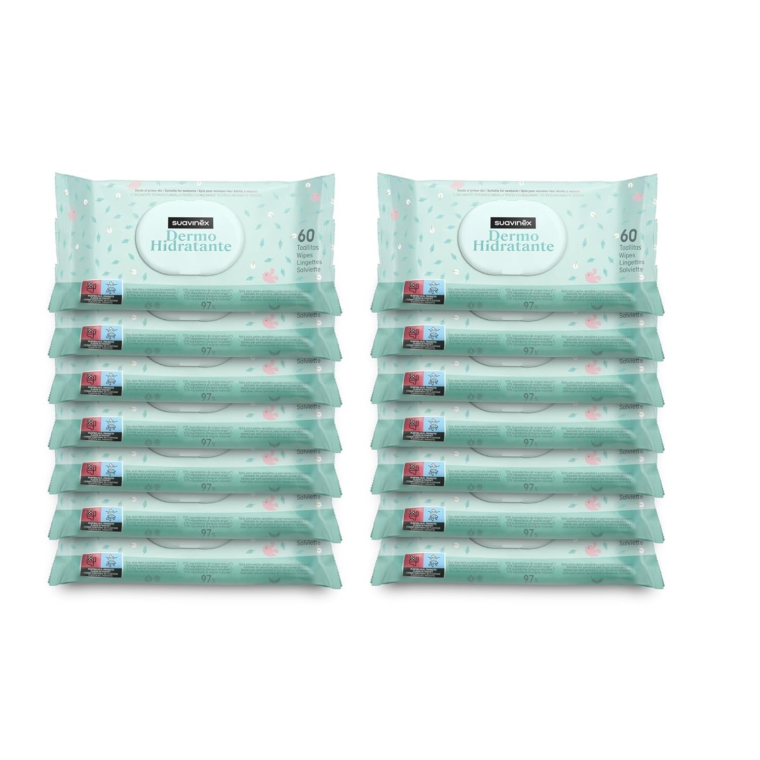 Suavinex 14 Confezione da 60 salviette umidificate per neonati (840 salviette in totale), idratanti, adatte alla pelle atopica, ingredienti naturali al 95%