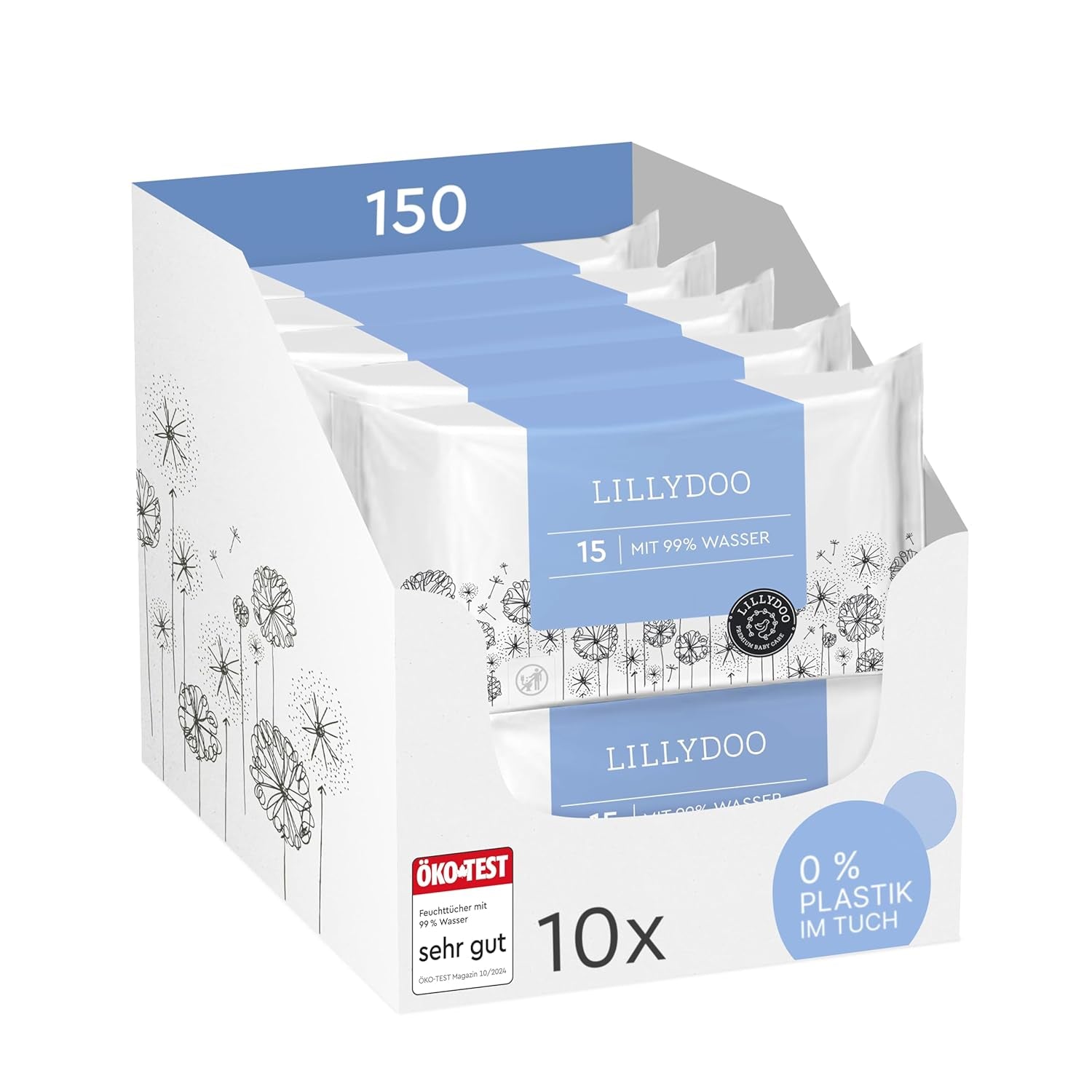 LILLYDOO Salviette umidificate Green, 600 salviette (10 x 60), salviette resistenti allo strappo 100% senza plastica - Senza profumo, delicate e naturali, detergenti delicati per pelli sensibili, dermatologicamente testate