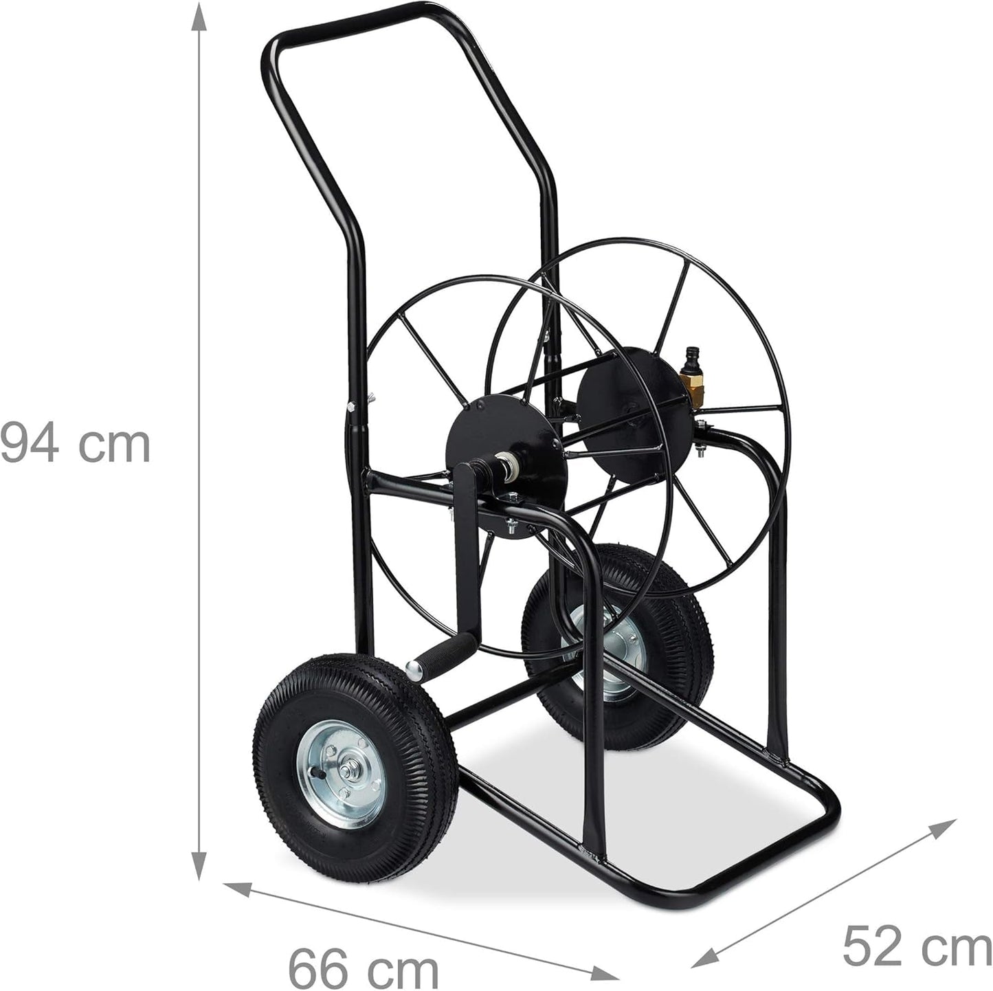 Carrello portatubo Relaxdays, avvolgitubo mobile, attacco 1/2" e 3/4", tubo fino a 80 m, 2 ruote, metallo, nero